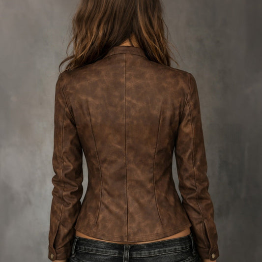 Women's Brown Retro Washed-Look Slim-Fit Short Jacket