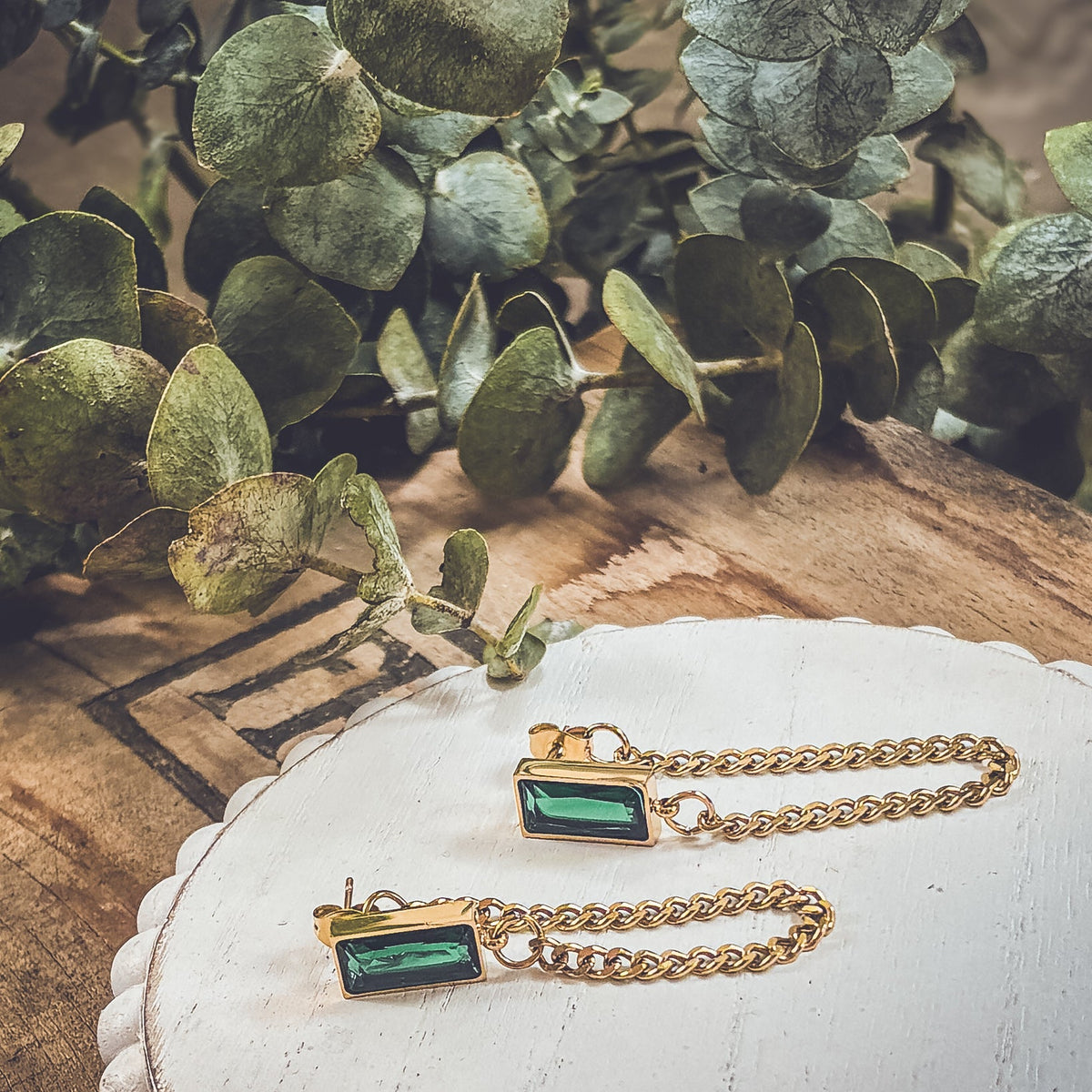 Beautiful Gold Chain and Emerald Earrings