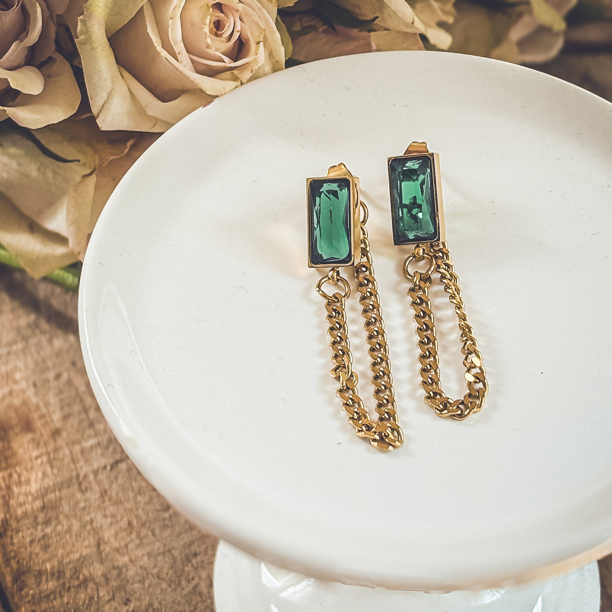 Beautiful Gold Chain and Emerald Earrings