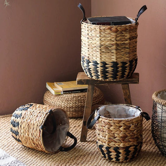 Two-Tone Basket Planter with Leather Handles