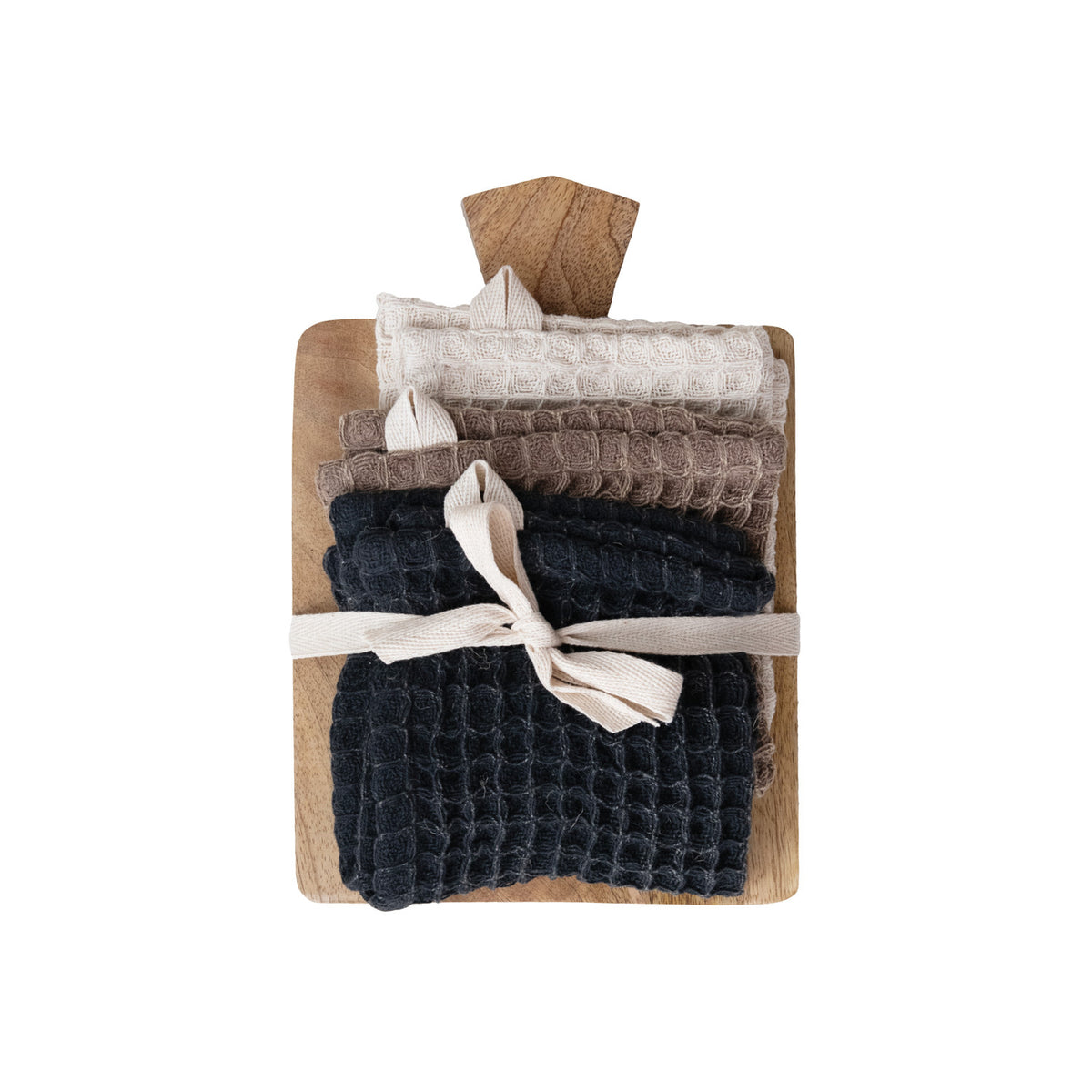 (3) Waffle Weave Dish Cloths w/ Cheese/Serving Board, Set of 4 Tied w/ Cotton Tape