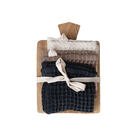 (3) Waffle Weave Dish Cloths w/ Cheese/Serving Board, Set of 4 Tied w/ Cotton Tape