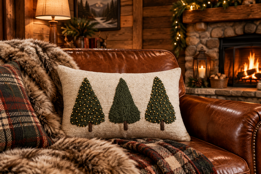 Hand-Woven & Wool Lumbar Pillow with Embroidered Trees & Beads